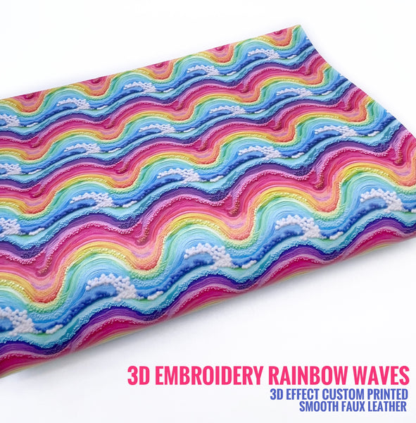 3D Embroidery Rainbow Waves - Custom Printed Smooth Faux Leather