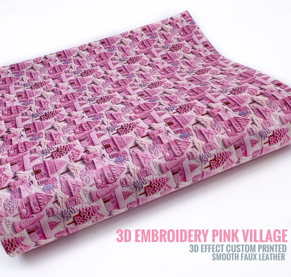 3D Embroidery Pink Village - Custom Printed Smooth Faux Leather