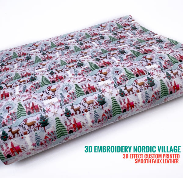 3D Embroidery Nordic Village - Custom Printed Smooth Faux Leather