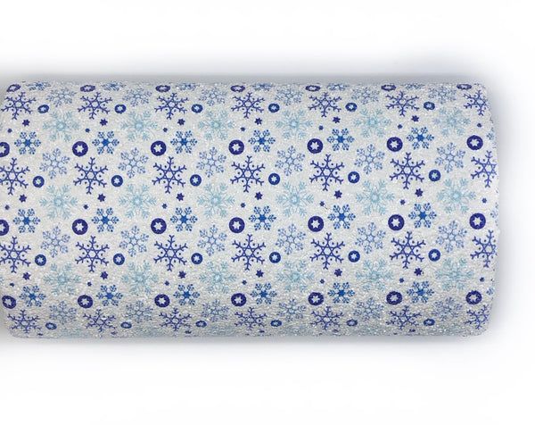 White with Blue Snowflakes Printed Medium Chunky Glitter