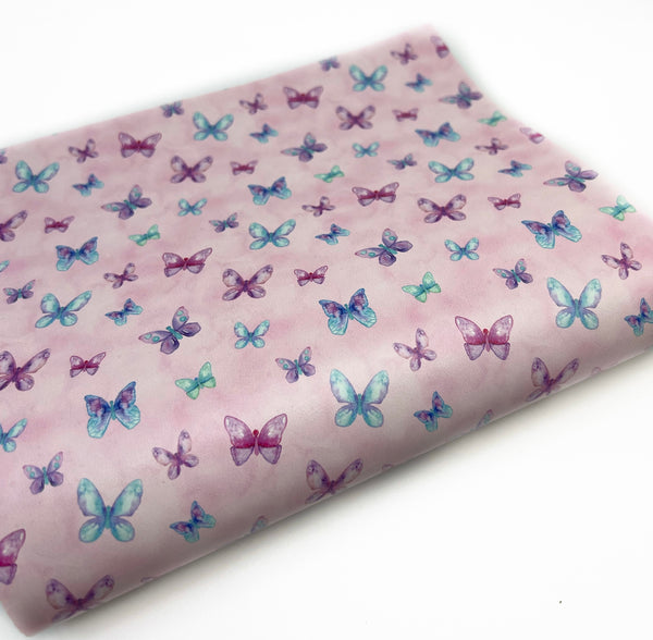 Butterflies on Pink- Exclusive Custom Printed Smooth Faux Leather