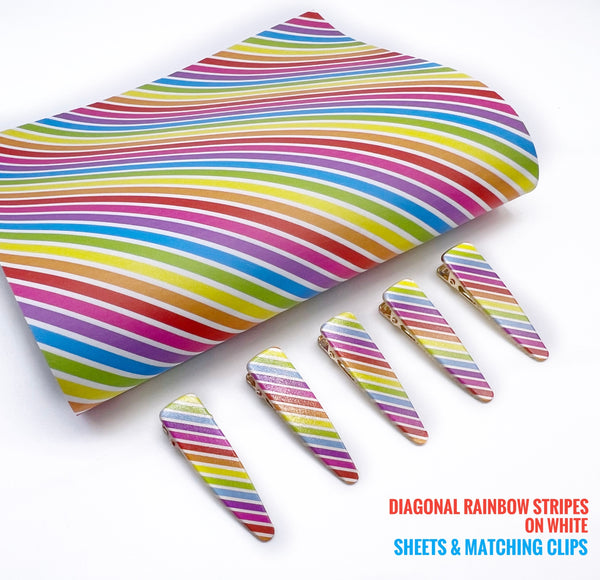 Rainbow Diagonal Stripe - Printed Smooth Faux Leather with matching alligator clips BUNDLE