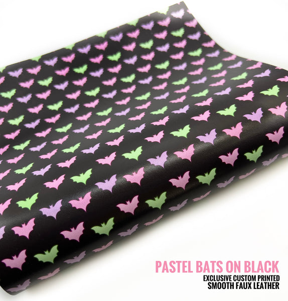 Pastel Bats on Black - Custom Printed Smooth Faux Leather